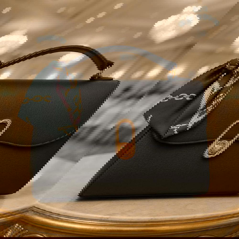 شنطة سوداء فاخرة بقفل ذهبي مميز! ✨🖤تصميم أنيق × وشاح حرير Preview Image