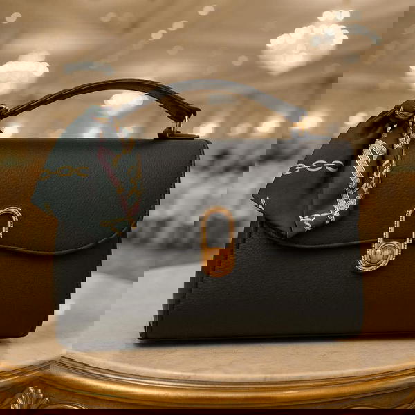 شنطة سوداء فاخرة بقفل ذهبي مميز! ✨🖤تصميم أنيق × وشاح حرير Image 1 Preview