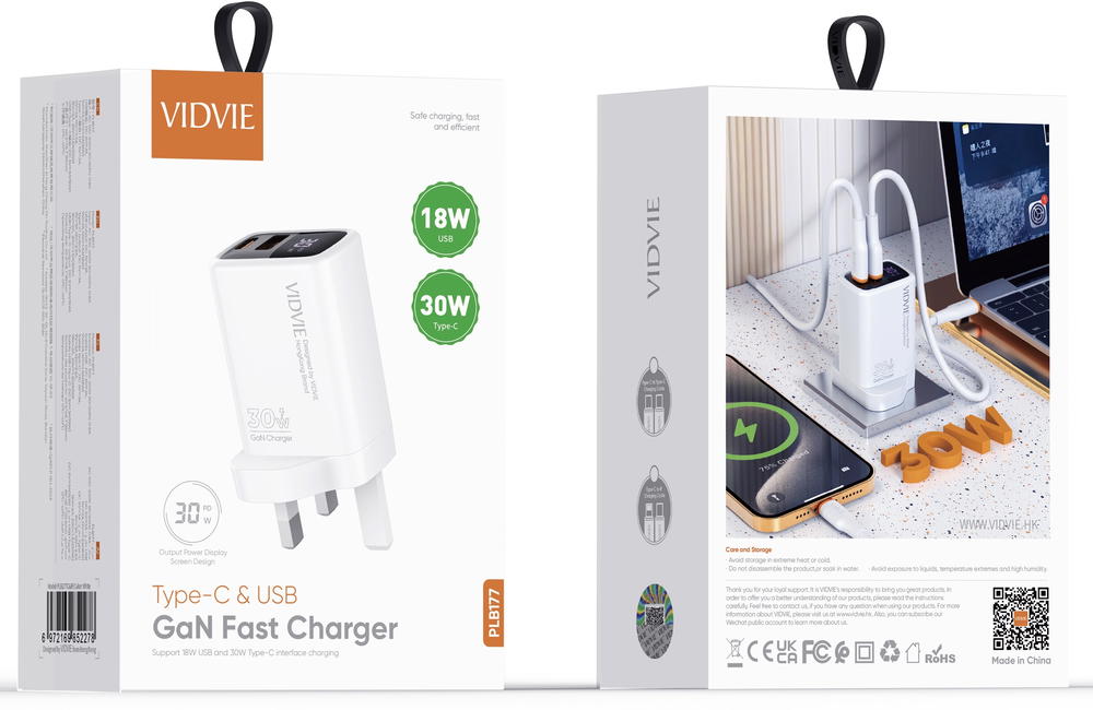 شاحن ايفون VIDVIE177 USB+PD30w GAN شاشة Preview Image