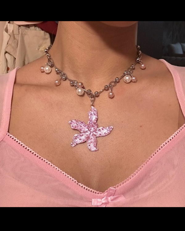 Lilly Flower Pearl Tassel Necklace Image 1 Preview