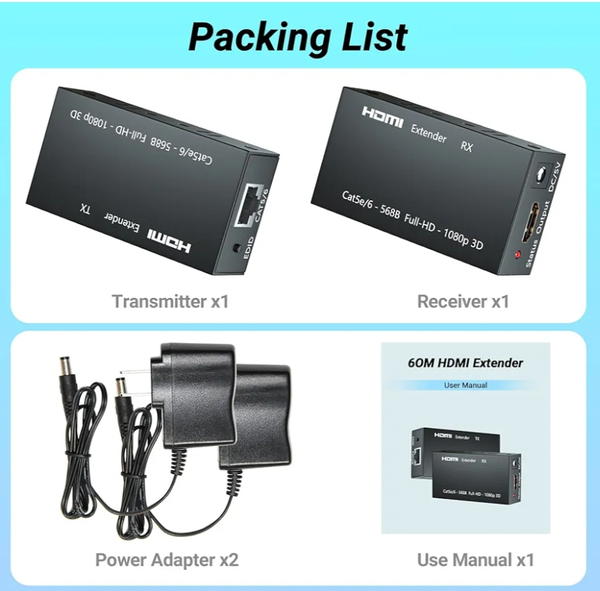 موسع HDMI، جهاز إرسال واستقبال HDMI 1080P حتى 60 مترًا (190 قدم)، مكرر مُرسل ايثرنت HDMI عبر كابل RJ45 Cat5e/Cat6/Cat7 ايثرنت LAN، HDMI إلى RJ45 وRJ45 الى HDMI Image 5 Preview