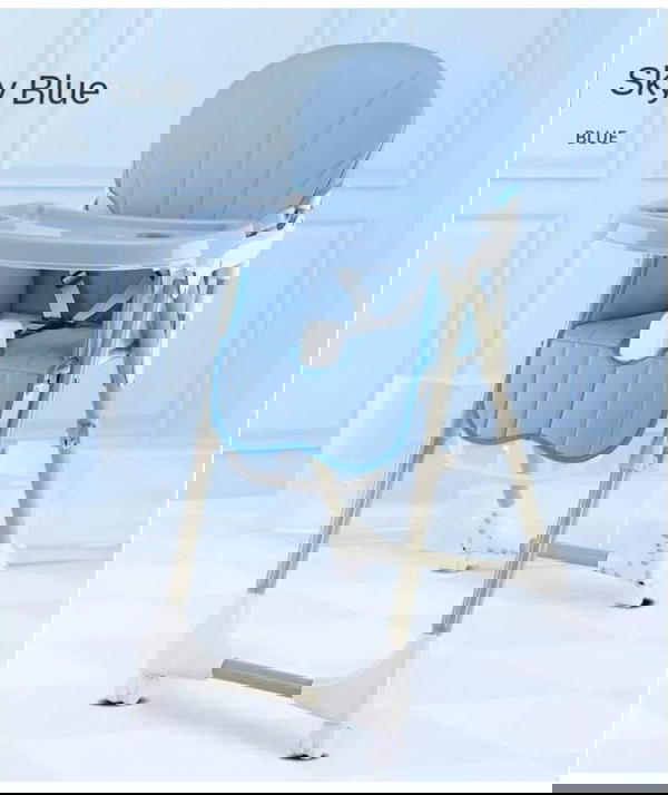 كرسي مرتفع مبطن من الجلد قابل للطي بثلاثة مستويات مع حزام للمقعد ومسند للقدم - لون ازرق Image 1 Preview