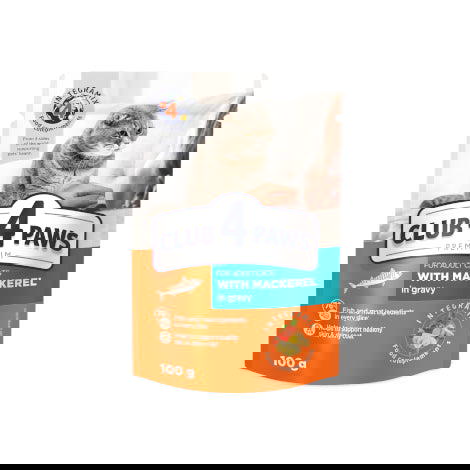 CLUB 4 PAWS PREMIUMfor adult catsWITH MACKEREL IN GRAVY 100g Preview Image