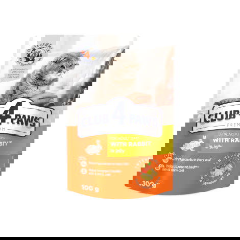CLUB 4 PAWS PREMIUMfor adult catsWITH RABBIT IN JELLY 100g Preview Image