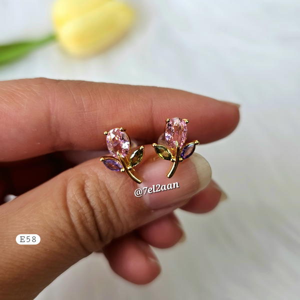 حلق وردة و زيركون بمبي (E58)pink zircon flower stone Image 3 Preview