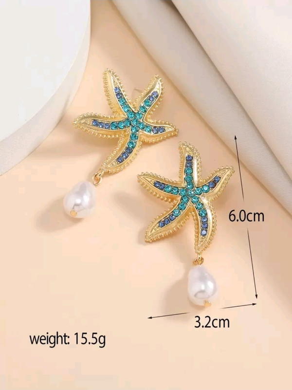 Starfish earring with pearl (E92) حلق نجمة البحر مع اللؤلؤ Image 3 Preview