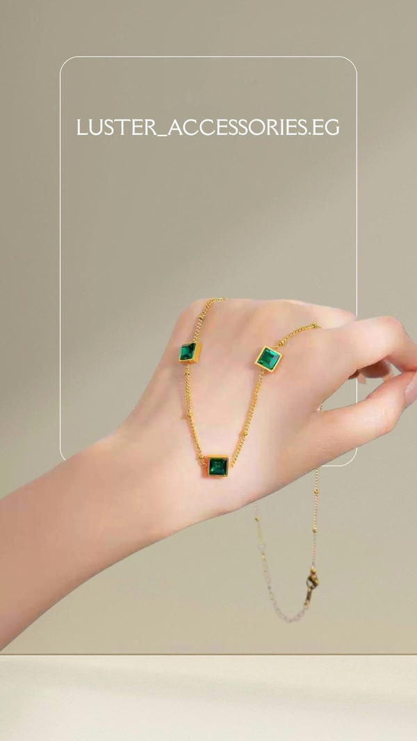 Stainless Steel necklace Square Green Emerald (N15) Image 2 Preview
