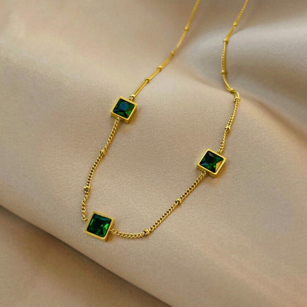 Stainless Steel necklace Square Green Emerald (N15) Image 3 Preview