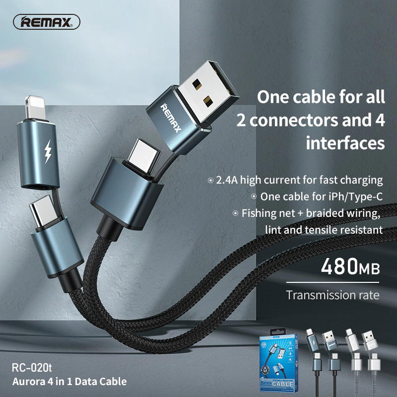 4 in 1 Phone Cable Remax Lightning Micro USB Type C USB cable 2.1A Black Preview Image