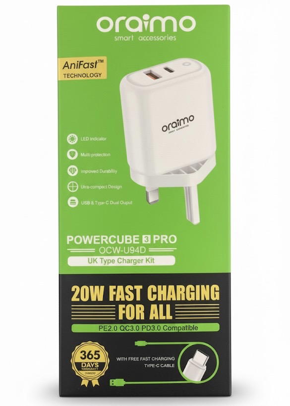 شاحن ORAIMO USB+PD20w كلكسي ايفون تايب سي Image 1 Preview