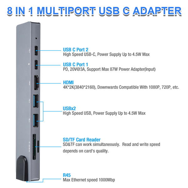 8 in-1 USB Hub with 4K HDMI, Ethernet, MicroSD/SD Card Reader, Type-C Data & PD Image 4 Preview