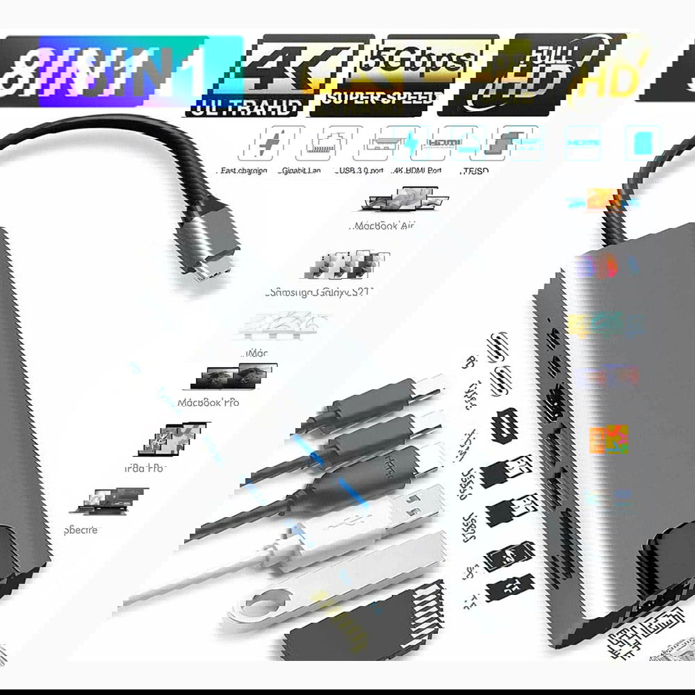 8 in-1 USB Hub with 4K HDMI, Ethernet, MicroSD/SD Card Reader, Type-C Data & PD Preview Image