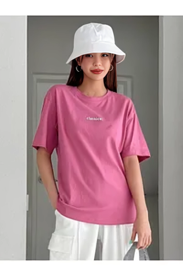 تيشيرت فضفاض قطني بطبعات - زهري Image 1 Preview