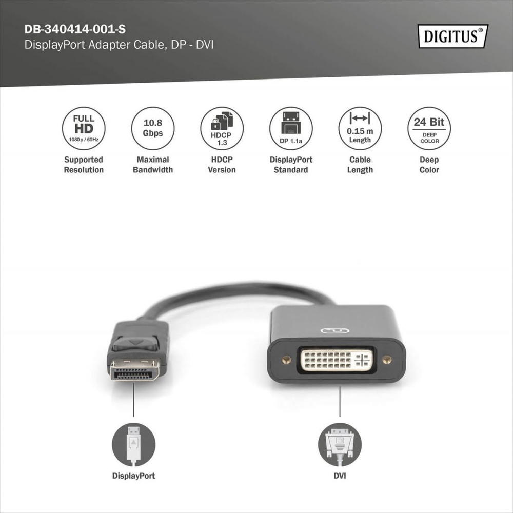 DisplayPort TO DVI (24+5) M/F Adapter-SHORT WIRE Preview Image