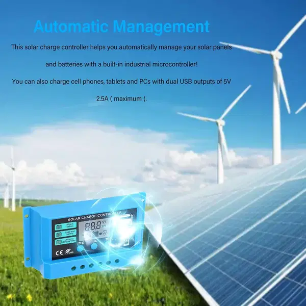 12V/24V Adaptive Solar Charge Controller, Intelligent Low Power Self-Consumption Photovoltaic Solar Panel Battery Regulator with LCD Display for Home, RVs, Marine, and Workshop Image 3 Preview