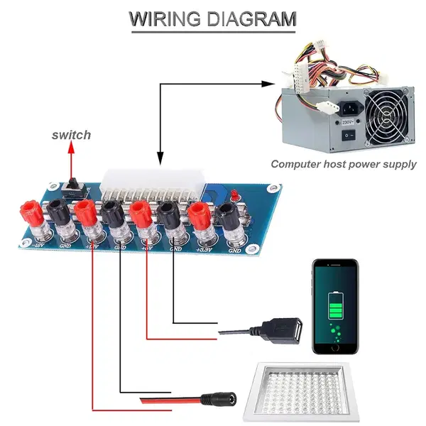 لوحة نقل ايه تي اكس XH-M229 من دكاردو، وحدة امداد طاقة للكمبيوتر المكتبي 3.3 فولت 5 فولت 12 فولت طرف خرج دقيق 24 دبوس مع فيوز 20 امبير USB / تيار مستمر كيبل انثى بمشبك تمساح Image 5 Preview