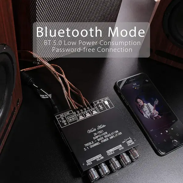 مضخم صوت بلوتوث Electrobot ZK-TB21 ثنائي القنوات (2.1) مزود بشريحة TPA3116D2 عالية الدقة، بقوة 50 واط + 50 واط ستيريو، ومضخم صوت فرعي بقوة 100 واط، ويدعم تقنية بلوتوث 5.0 Image 3 Preview