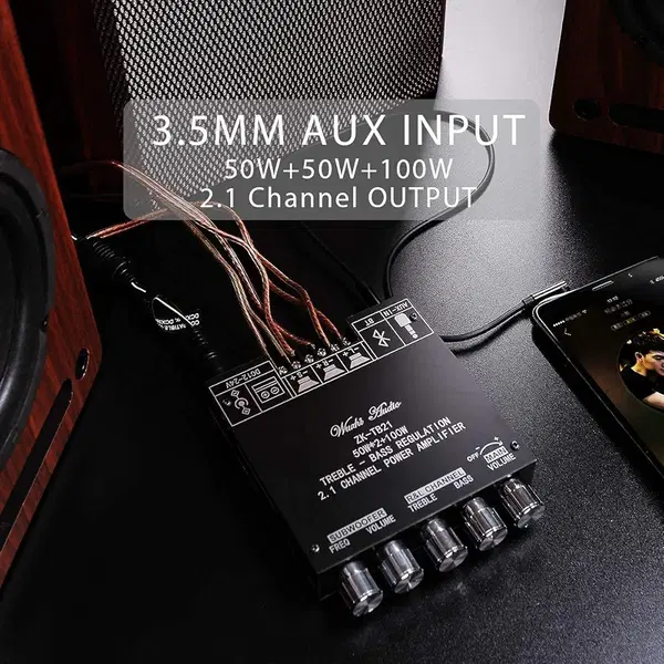 مضخم صوت بلوتوث Electrobot ZK-TB21 ثنائي القنوات (2.1) مزود بشريحة TPA3116D2 عالية الدقة، بقوة 50 واط + 50 واط ستيريو، ومضخم صوت فرعي بقوة 100 واط، ويدعم تقنية بلوتوث 5.0 Image 4 Preview