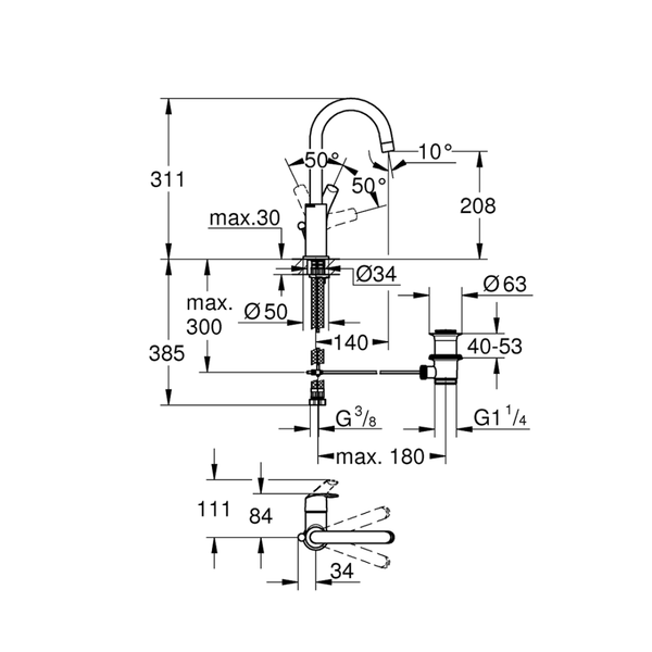 23537002خلاط حوض عالي جروهي يوروسمارت كروم Grohe Image 2 Preview