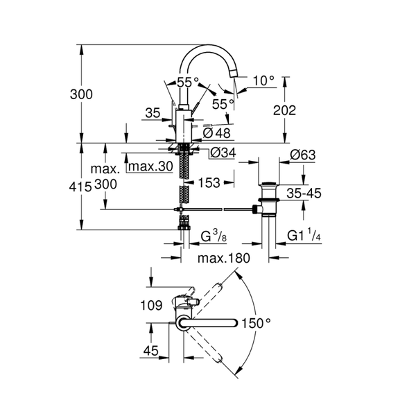 32830001خلاط حوض بمقبض واحد جروهي يوروسمارت كوزموبوليتان كروم Grohe Image 2 Preview
