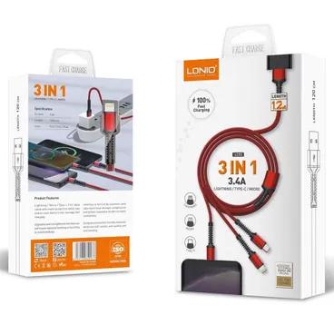 كابل ثلاثي لدنيو 3 في 1، 1.2 متر، احمر LL225 Image 1 Preview