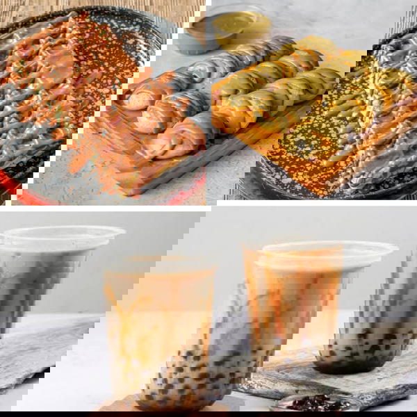 وافل شوكلت /ميني بانكيك فستق  مع ٢ بوبا سموزي او ايس كوفي او ميلك شيك بوبا حسب الاختيار  Image 1 Preview