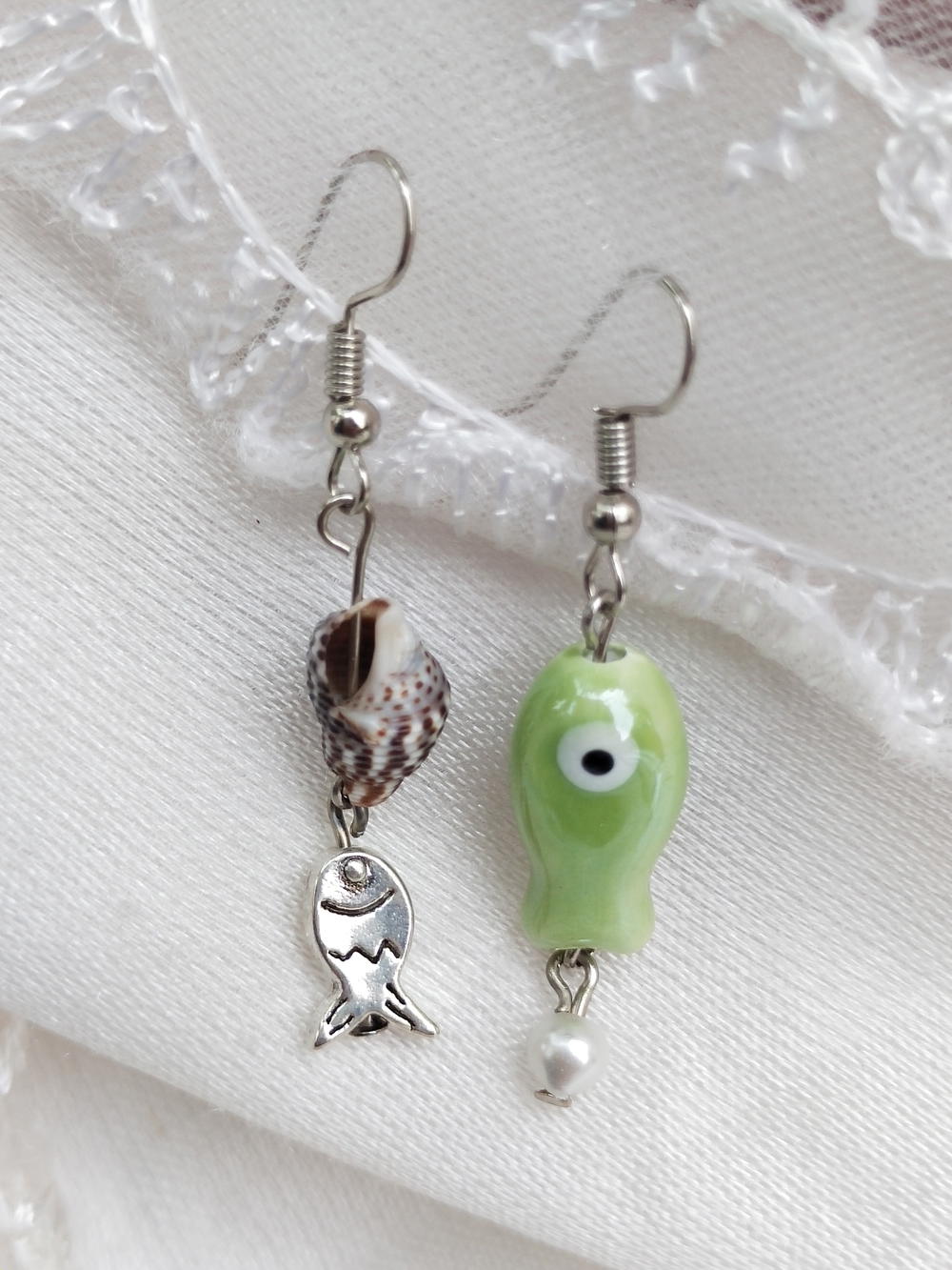 Green fish mismatched earrings  Preview Image