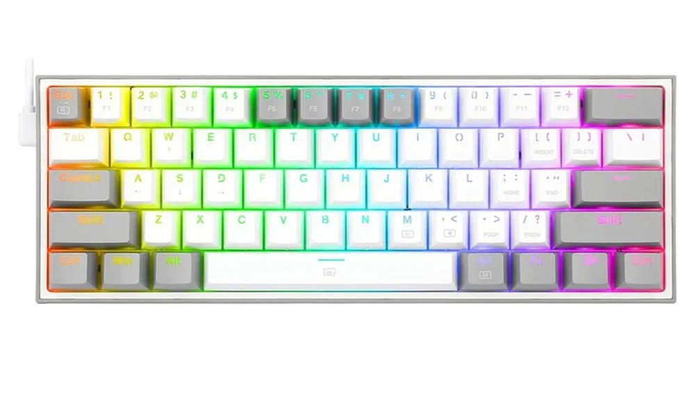 كيبورد ميكانيكي للالعاب فيز باضاءة LED كاملة بالوان RGB 60% مع مفاتيح حمراء ودعم لبرنامج التشغيل من ريدراجون (ابيض ورمادي) - K617، USB- Preview Image