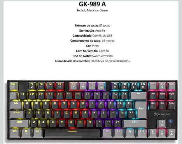 لوحة مفاتيح ميكانيكية GK989B للألعاب، لوحة مفاتيح بإضاءة ليد بألوان متعددة بمفاتيح بلون أحمر بخاصية معززة لمنع ضياع النقرات وتدعم تمرير 25 مفتاح من اكسترايك مي Image 3 Preview