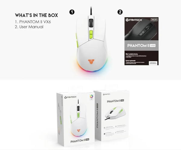 ماوس ألعاب فانتوم II VX6 من فانتيك - مستشعر بصري 7200 نقطة لكل بوصة - مع برنامج (أبيض)، USB Image 5 Preview