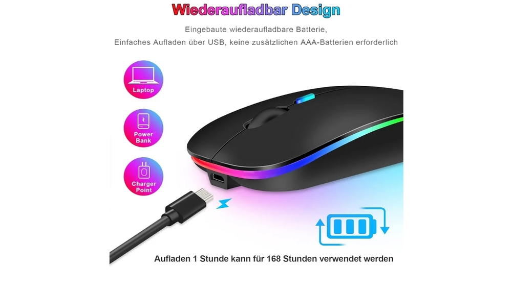 ماوس بلوتوث لاسلكي 5.1 + USB 2.4 جيجاهرتز) باضاءة LED مزدوجة قابلة لاعادة الشحن للابتوب وماك بوك اير برو وايباد والكمبيوتر المكتبي والماوس مع محول C Preview Image