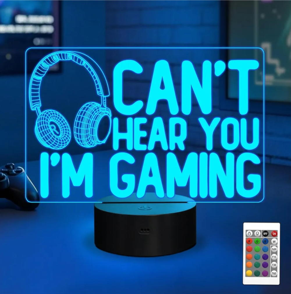 مصباح ليلي مطبوع عليه Can't Hear You I'm Gaming Night، سماعة رأس يانديان لالعاب الفيديو، وهمي ثلاثي الابعاد مضحك بـ 16 لون متغير باللمس وجهاز تحكم عن بعد للرجال والمراهقين والاطفال، متعدد الالوان Preview Image