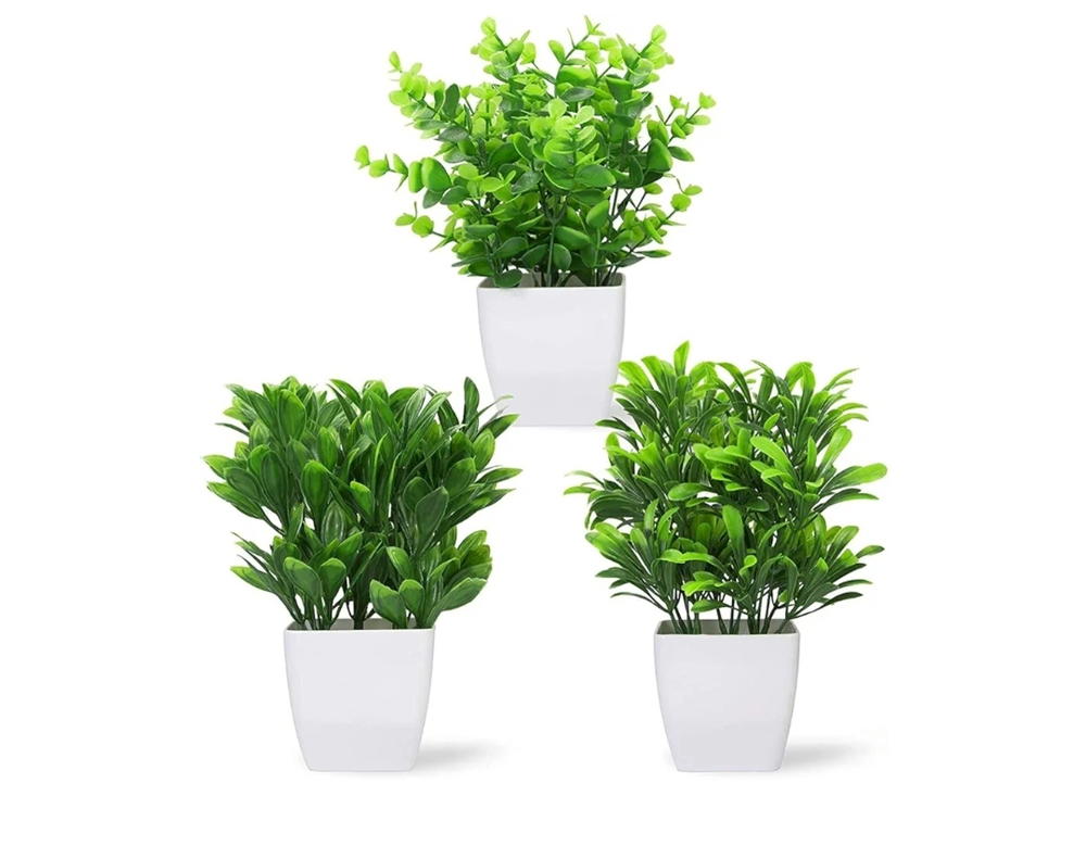 قطع 3 نباتات اصطناعية بوعاء صغير بلاستيكي مزين بأوراق خضراء مع مزهرية للمنزل والمكتب وغرفة ديكور المساحات الخضراء Preview Image