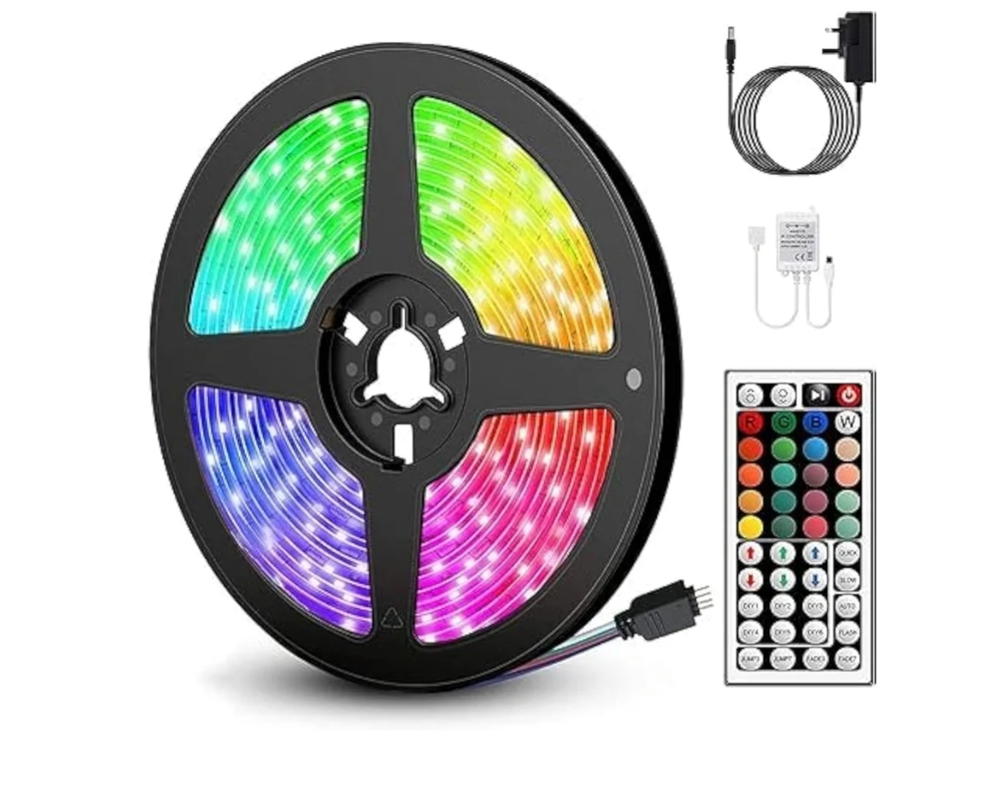 شريط اضاءة ليد RGB 5050 بوضع اضاءة متعددة الالوان مزودة بـ150 لمبة LED ومقاوم للماء بدرجة الحماية من الاتربة والماء IP65 مع ريموت كنترول ملائم لسقف الغرفة والاماكن الداخلية والخارجية، 5 امتار Preview Image