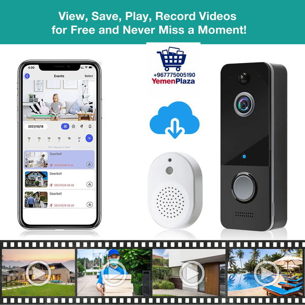 كاميرا فيديو لاسلكية مع جرس جرس الباب، كاميرا ذكية عالية الدقة 1080P للكشف عن الحركة، رؤية ليلية، صوت ثنائي الاتجاه، جرس باب وميض مقاوم للماء IP65 يدعم التخزين السحابي Image 1 Preview
