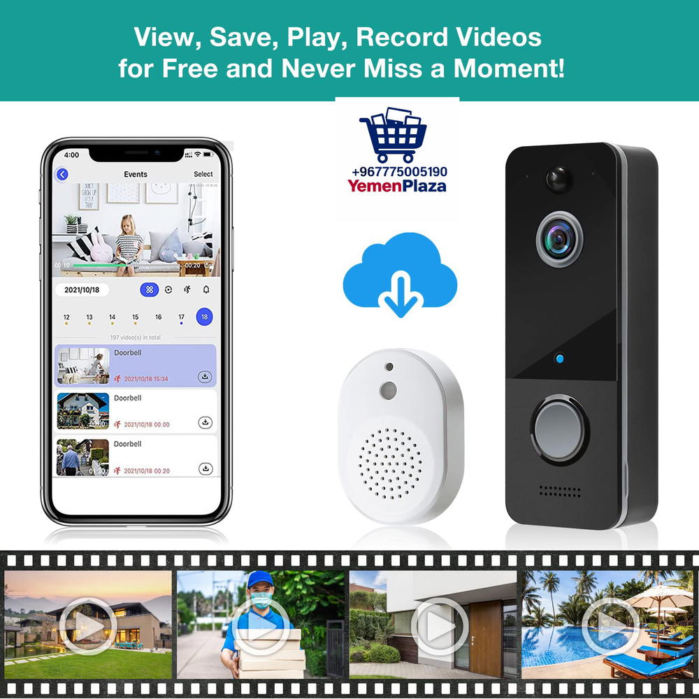 كاميرا فيديو لاسلكية مع جرس جرس الباب، كاميرا ذكية عالية الدقة 1080P للكشف عن الحركة، رؤية ليلية، صوت ثنائي الاتجاه، جرس باب وميض مقاوم للماء IP65 يدعم التخزين السحابي Preview Image